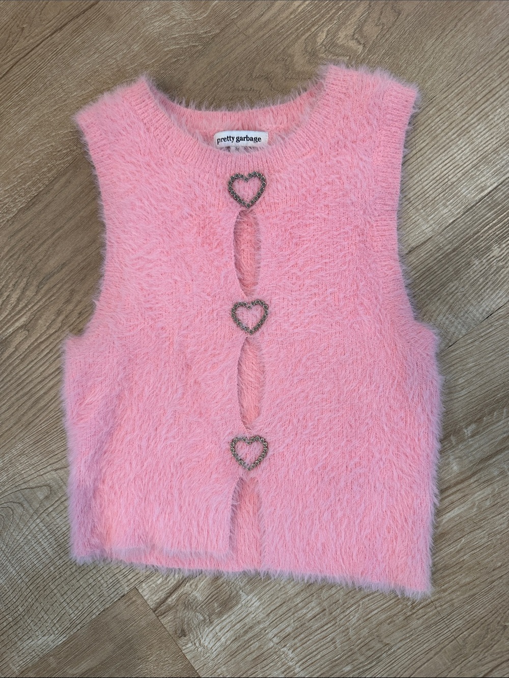 Pretty Garbage Pink Fuzzy Heart-Button Vest Top